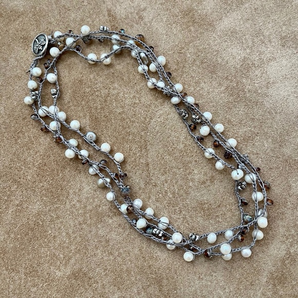 ARTISAN Necklace “Pearly Latte” on Mocha Beige Long Crocheted Wrap - Picture 5 of 12